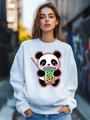 Bon&Bon Women's Panda Cartoon Print Sweatshirt - Loose Long Sleeve Pullover White / M