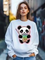 Bon&Bon Women's Panda Cartoon Print Sweatshirt - Loose Long Sleeve Pullover White / XL