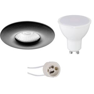 LED Spot Set - Pragmi Luno Pro - Waterdicht IP65 - GU10 Fitting - Dimbaar - Inbouw Rond - Mat Zwart - 6W - Helder/Koud Wit 6400K - Ø82mm