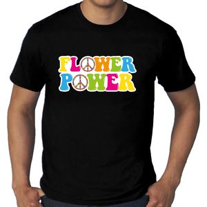 Grote Maten jaren 60 Flower Power verkleed shirt zwart met gekleurde peace tekens heren