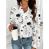 Dames Blouse Bloemig Afdrukken Elegant Vintage Bisschop Lange mouw V-hals Wit Lente Herfst Lightinthebox