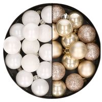 28x stuks kleine kunststof kerstballen wit en champagne 3 cm - thumbnail