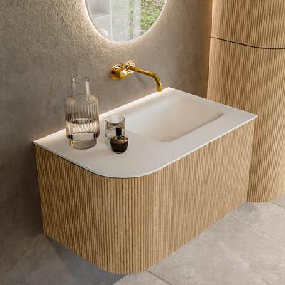 Mondiaz KURVE 75 cm Onderkast Greeploos 1 Lade Met Deuren Oak, Wastafel Solid Surface Rechts Talc 0 Kraangaten Zonder Spiegel (KRVGRU75L1L1D0KR-Oak/Tal)