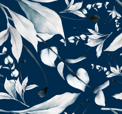 Witte bladeren donkerblauw behang