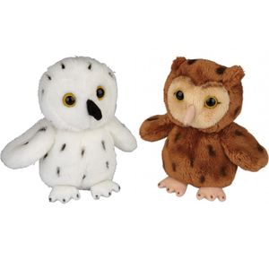 Vogels zachte pluche knuffels 2x stuks - Sneeuwuil en Bosuil van 15 cm