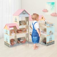 Houten Hoekpoppenhuis Poppenhuis met Roze Dak en 41 Meubels en Accessoires Doe-Het-Zelf-Droomhuis met 3 Verdiepingen