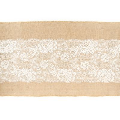 Jute tafelloper - met wit kant - 28 x 300 cm