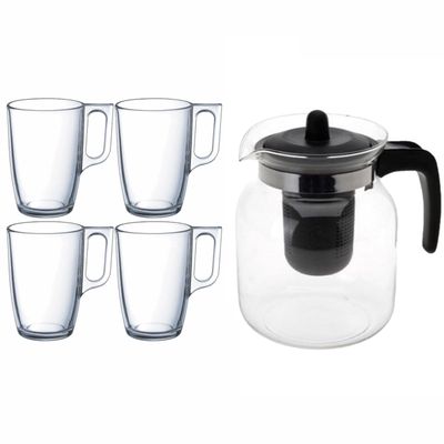 Glazen theepot zwart met filter van 1,5 liter met 6x stuks theeglazen Malmo van 320 ml