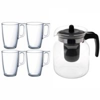 Glazen theepot zwart met filter van 1,5 liter met 6x stuks theeglazen Malmo van 320 ml Glazen theepot zwart met filter van 1,5 liter met 6x stuks theeglazen Malmo van 320 ml