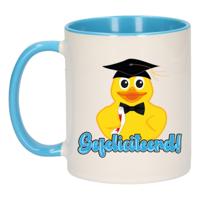 Cadeau koffie/thee mok - blauw - geslaagd - bad eend - gefeliciteerd - 300 ml - keramiek