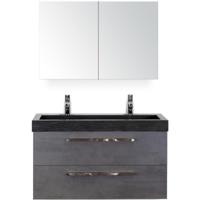 Seville Badmeubelset 100 cm - Beton Antrac - Wastafel Hardsteen Wit Lucca 2 Kraangaten met Spiegelkast