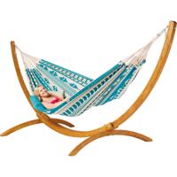 Familie hangmat met houten standaard - 400x180cm - BlauwGroen - 200kg draagkracht- 100% katoen - binnen & buiten