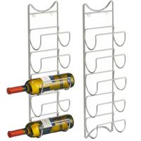 Wand wijnflessen wijnrek voor 5 flessen - 2x stuks - zilver - metaal - 61 x 15 cm