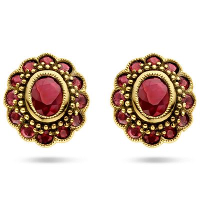 Oorknoppen Ovaal Halo geelgoud-robijn goudkleurig-rood 10 x 11 mm