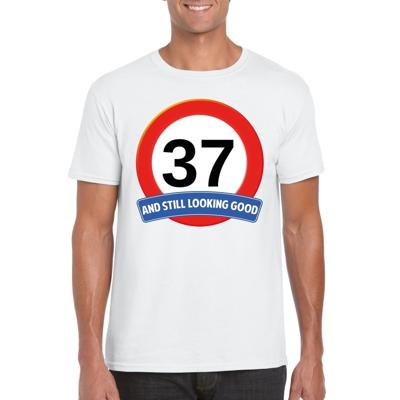 37 jaar and still looking good - t-shirt verkeersbord print - wit - heren - verjaardag