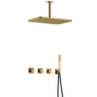 Hotbath Gal - GL106 - Inbouw Regendoucheset - Geborsteld Messing PVD - 2 Stopkranen - Thermostatisch - Plafondbuis 15 cm - Hoofddouche 270x400 mm - Staafhanddouche - met GL106 - V02