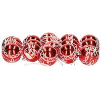 18x stuks gedecoreerde kerstballen rood kunststof 6 cm