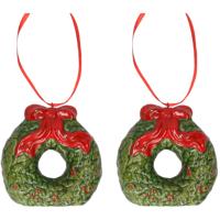 Kersthanger kerstkrans - 4x - rood - 8 cm - keramiek - kerstornament - kerstboomversiering