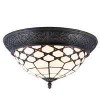 Clayre & Eef Plafondlamp Tiffany Ø 38x19 cm Wit Bruin Glas Halfrond