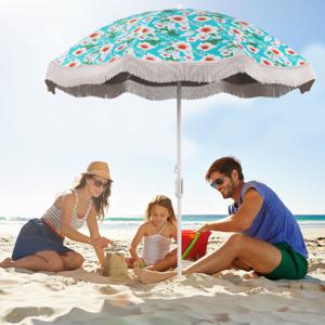 200 cm Strandparaplu met Franjes Parasol met Kwastjes en Kantelknop Zandanker 8 Stevige Stutten en Draagtas Robuuste Vintage Paraplu