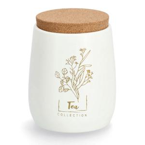 Bewaarblik/bus - thee - metaal/kurk - creme/goud - 11 x 13 cm - 750 ml