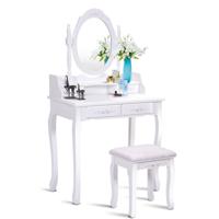 Kaptafel met Spiegel en 4 Lades Moderne Kaptafel met Kussentje Make-Up Kaptafel Set met Verwijderbaar Blad Wit