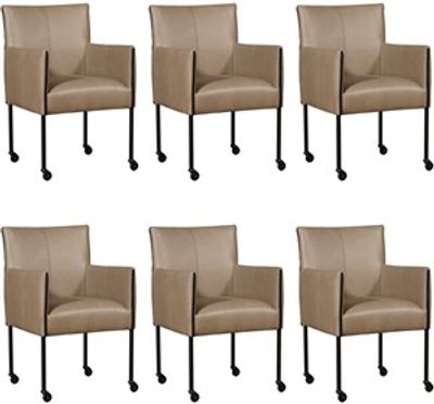 Set van 6 Taupe leren moderne kuipstoel More - poot rond zwart met wiel - Granada leer Taupe (taupe leer)