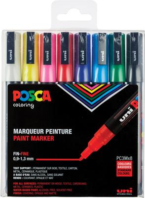 Uni POSCA paintmarker PC-3M, 1,5 mm, Etui van 8 markers in geassorteerde basiskleuren