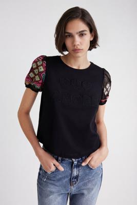 T-shirt met geborduurde mouwen - BLACK - XS T-shirt met geborduurde mouwen - BLACK - XS