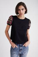 T-shirt met geborduurde mouwen - BLACK - XS