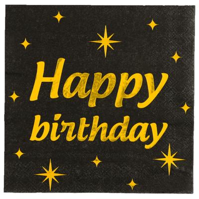 Verjaardag feest servetten - Happy Birthday - 16x stuks - zwart/goud - 33 x 33 cm