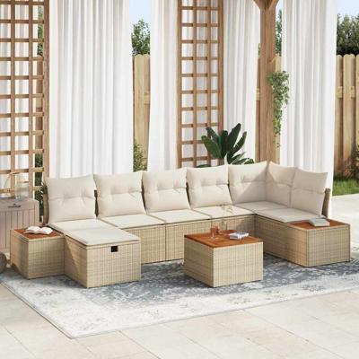 8-delige tuinset met kussens in beige poly rattan