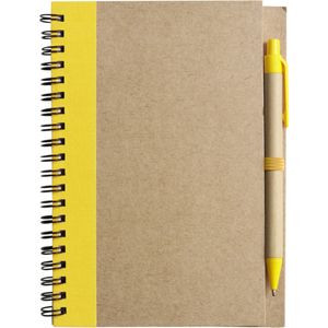 Notitie/opschrijf boekje met balpen - harde kaft - beige/geel - 18x13cm - 60blz gelinieerd   -