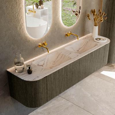 Badmeubel Mondiaz Kurve-Dlux | 180 cm | Meubelkleur Shadow | Wastafelkleur Nata | Solid surface | Wasbak beide zijden spoelbak | Zonder kraangat(en)