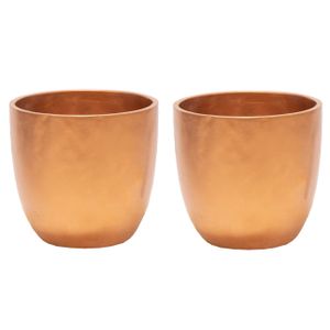 Plantenpot/bloempot - 2x - keramiek - brons - bladmotief - D14 x H13 cm