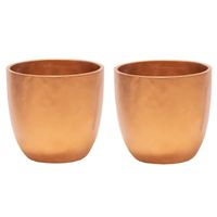 Plantenpot/bloempot - 2x - keramiek - brons - bladmotief - D14 x H13 cm