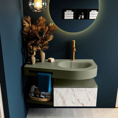 MONDIAZ RIVA 100cm badmeubel onderkast / planchet kleur carrara met 1 lade. Wastafel DULCET rechts 1 kraangat kleur Army. MONDIAZ RIVA 100cm badmeubel onderkast / planchet kleur carrara met 1 lade. Wastafel DULCET rechts 1 kraangat kleur Army.