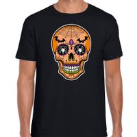 Day of the dead skelet gezicht halloween verkleed t-shirt zwart voor heren - thumbnail