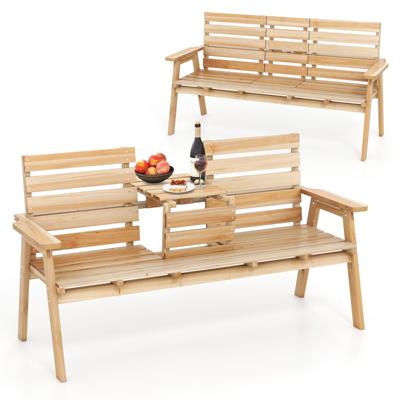 Buitenbank van Dennenhout met Opklapbare Midden tafel Tuinbank voor 2-3 Personen met Rugleuning en Armleuningen Natuur