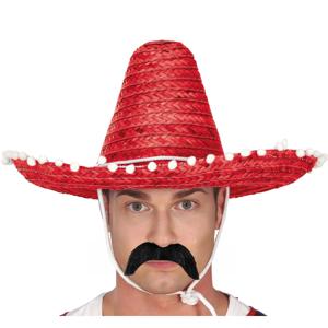 Mexicaan Carnaval verkleed set - Grote sombrero hoed rood - met plaksnor - heren