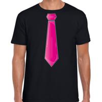 Verkleed t-shirt voor heren - stropdas roze - zwart - carnaval - foute party - verkleedshirt - thumbnail