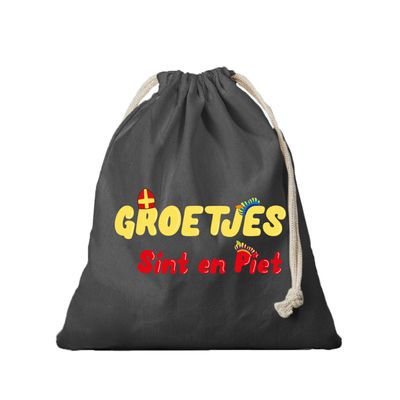 1x Sinterklaas cadeauzak zwart Groetjes van Sint en Piet met koord voor als cadeauverpakking