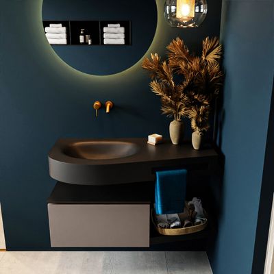 MONDIAZ RIVA 100cm badmeubel onderkast / planchet kleur Smoke met 1 lade. Wastafel DULCET links 0 kraangaten kleur Urban. MONDIAZ RIVA 100cm badmeubel onderkast / planchet kleur Smoke met 1 lade. Wastafel DULCET links 0 kraangaten kleur Urban.