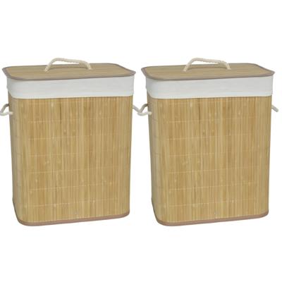 Gerimport Wasmand van bamboe - 2x - 60 liter - 30 x 40 x 50 cm - met deksel / binnenvoering