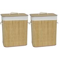 Gerimport Wasmand van bamboe - 2x - 60 liter - 30 x 40 x 50 cm - met deksel / binnenvoering
