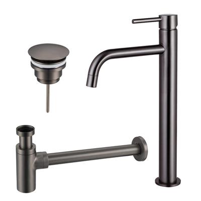 Fortifura Calvi Slim Wastafelkraanset - verhoogde wastafelkraan - always open plug - design sifon - Geborsteld Gunmetal PVD SW766539/SW769487/SW767297