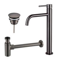 Fortifura Calvi Slim Wastafelkraanset - verhoogde wastafelkraan - always open plug - design sifon - Geborsteld Gunmetal PVD SW766539/SW769487/SW767297