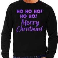 Foute Kersttrui/sweater voor heren - hohoho Merry Christmas - zwart - glitter paars - thumbnail