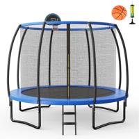 305cm Buiten Trampoline met Basketbalring Omheining Net Veiligheidsmat 2-stap Ladder Basketbal Ballenpomp Blauw + Zwart