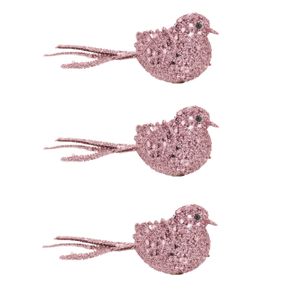 6x stuks decoratie vogels op clip glitter roze 12 cm